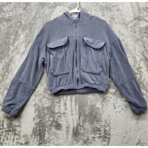 Reserve Fairfax Jacket Women M Blue Corduroy Crop Hoodie Full Zip Pockets Casual